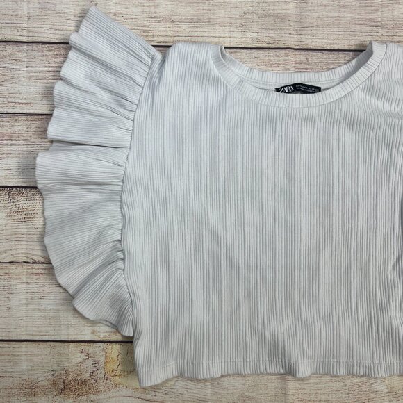 Zara White Ribbed Ruffle Dramatic Pleated Sleeve Crop‎ Top Blouse Size Large - Picture 5 of 6